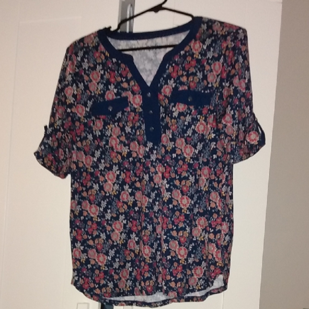 Croft & Barrow Floral Print Blouse - Navy and Pink
